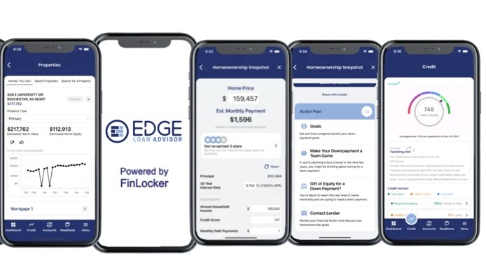 Edge Loan Advisor mobile dashboards showing property equity, homeownership planning, personalized actions and credit insights.